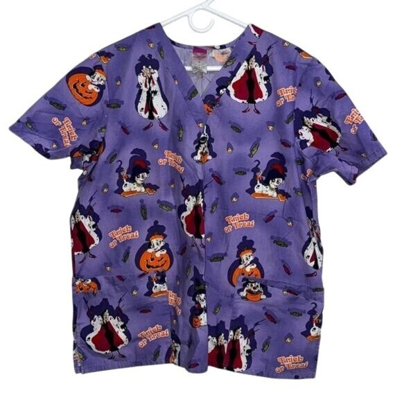 Disney Halloween Scrub Top V-Neck Trick Or Treat Theme - Picture 1 of 6